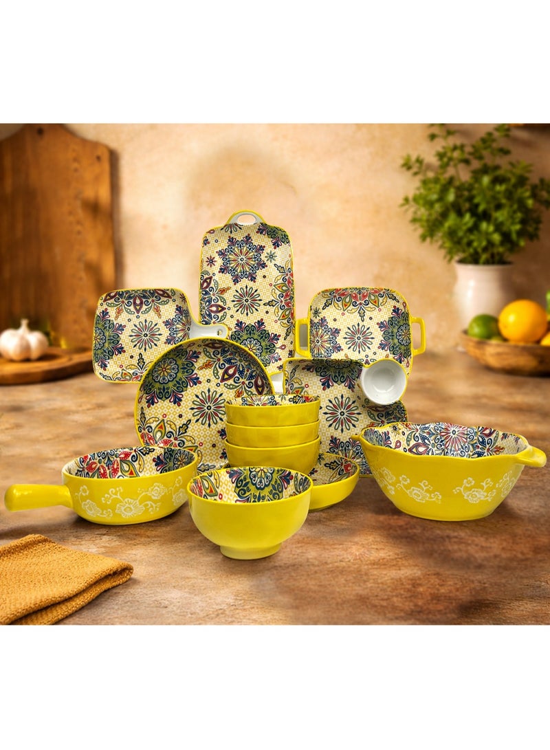12 Piece Dinnerware Set, Bohemian Style Porcelain, Microwave & Dishwasher Safe – Yellow/Colorful Flowers - Image 1